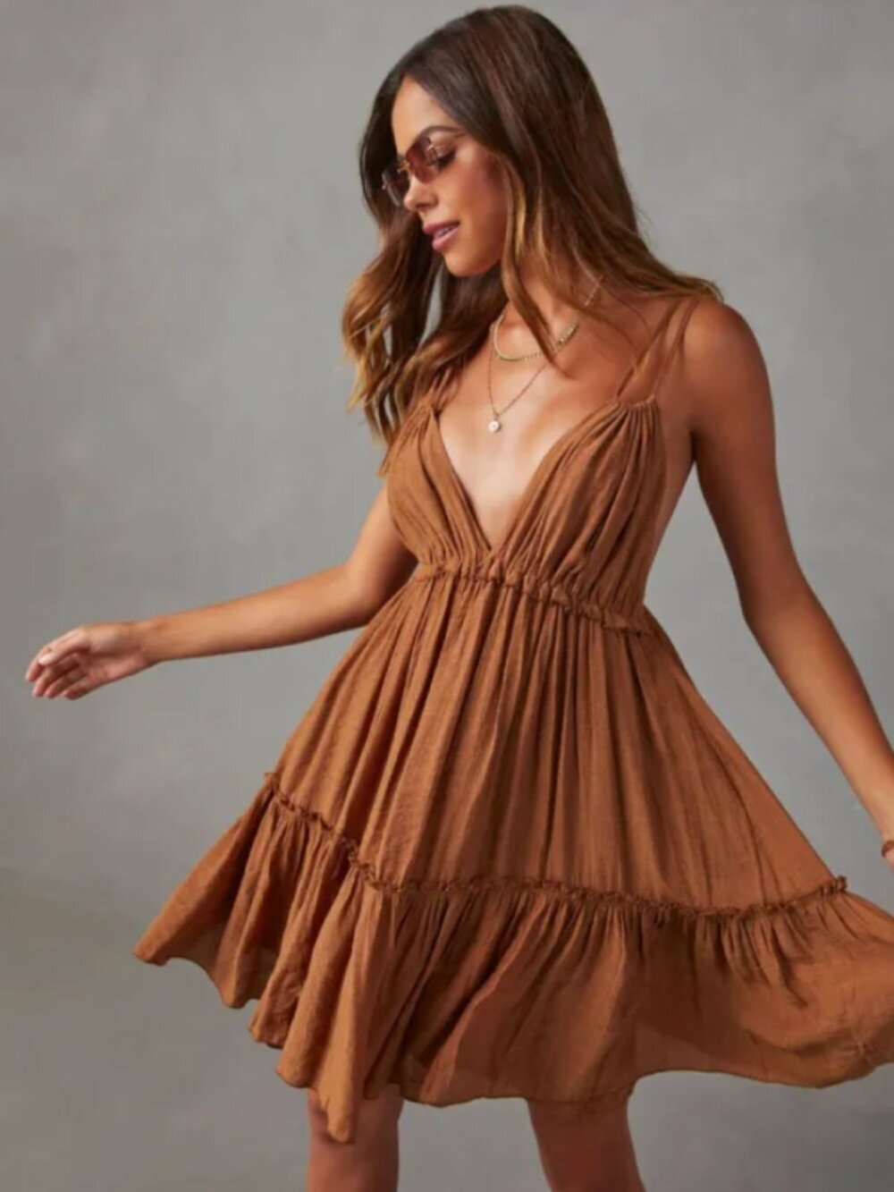 VICI Tiered Mini Dress — Brown | Size L | 🤎